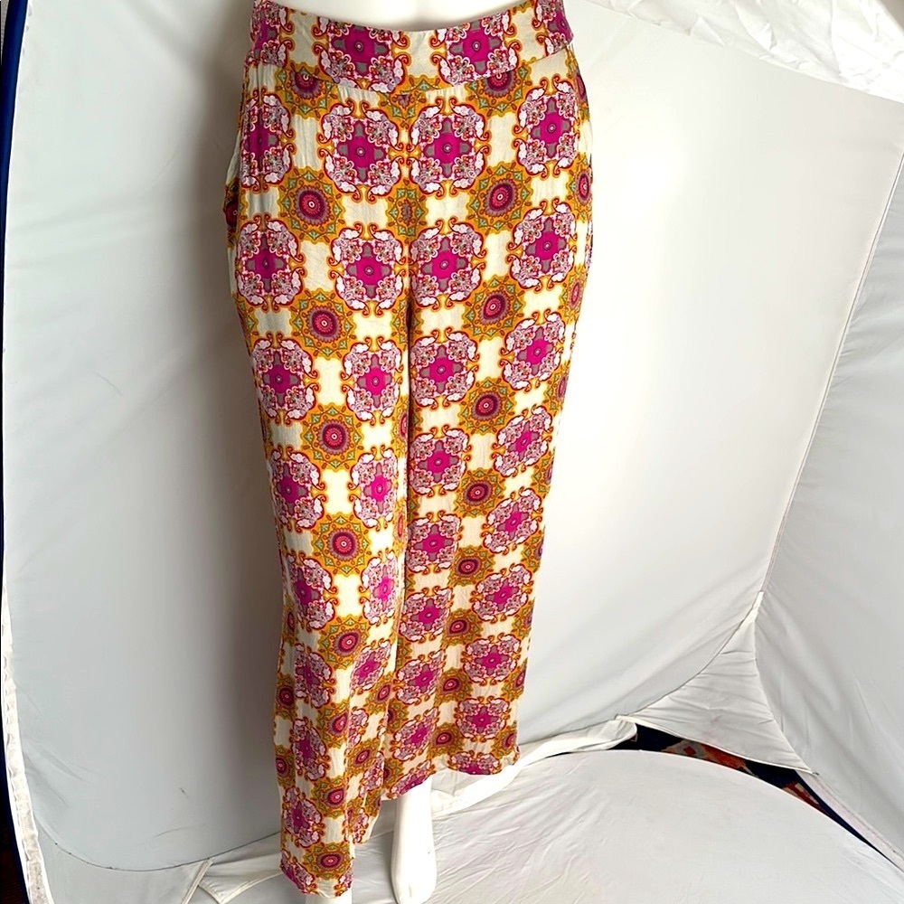 Christian Siriano multicolor cropped wide leg boho rayon pants